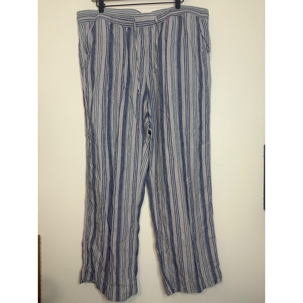 L.L. Bean 100% Linen Pants 18W Blue Striped Elastic Waist Wide‎ Leg Pull On